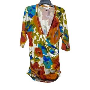 Cabi Watercolor Floral Surplice V Neck Ruched Side Shirt Size Large